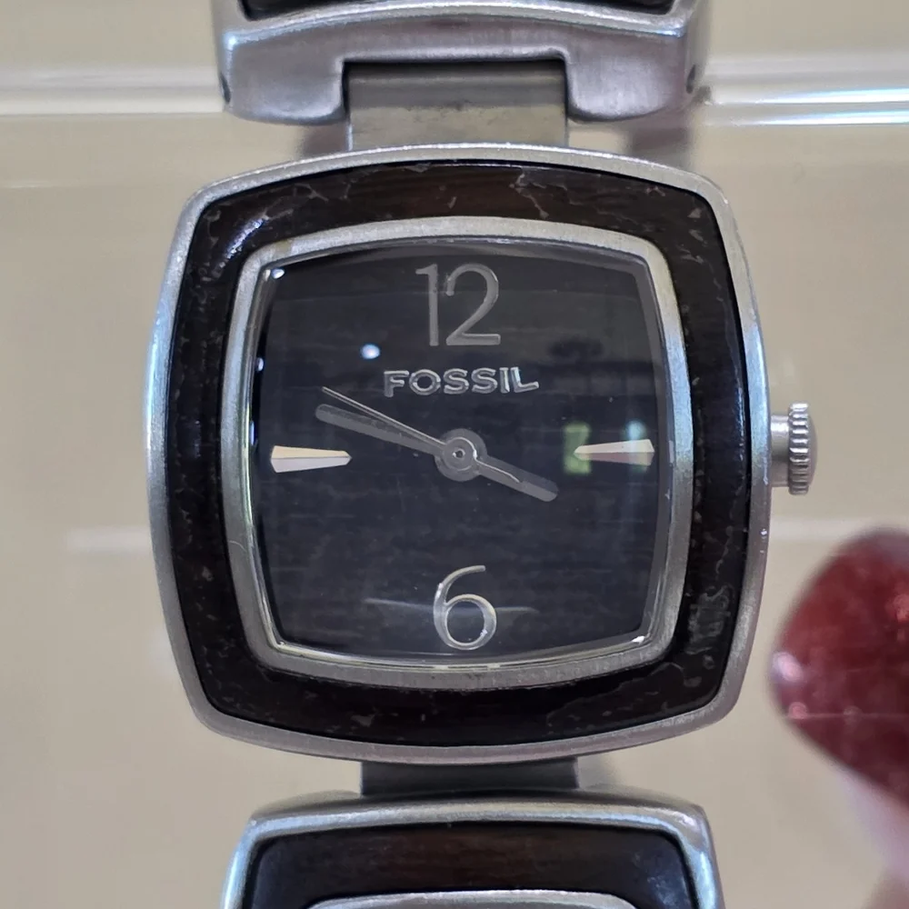 Fossil WOODGIRL Square Face Brushed Stainless Steel Wood Detail Wrist Watch